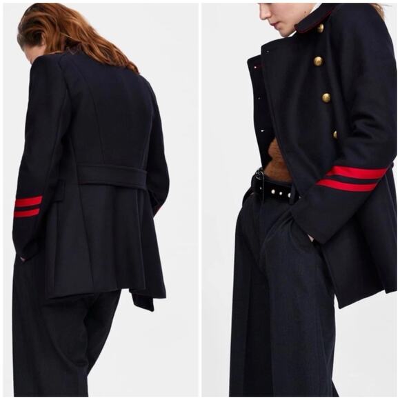 Zara Black Double-Breasted Coat with Red Accents - Picture 10 of 12